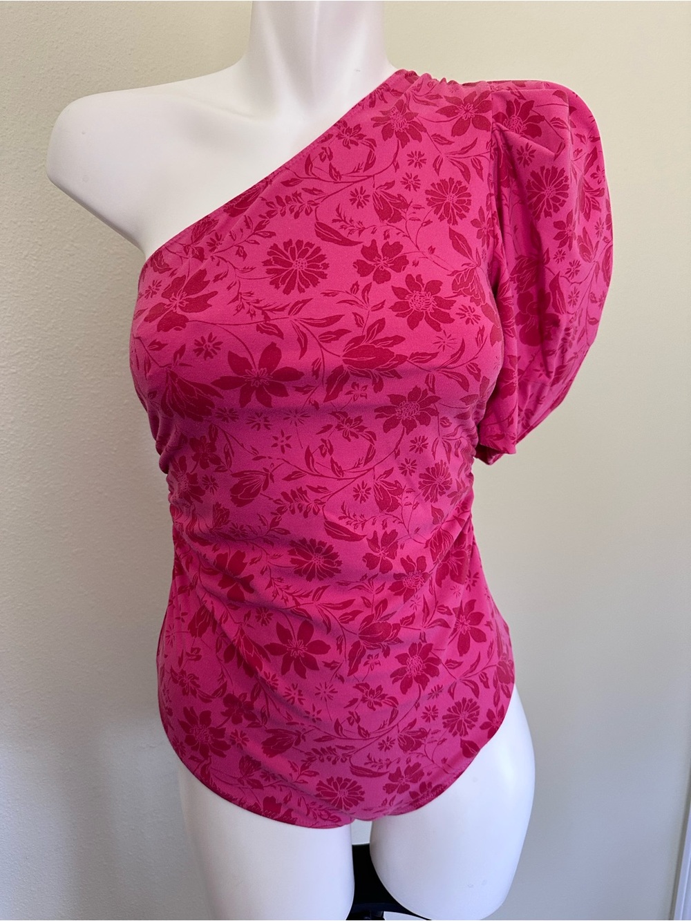 Free People Hot Pink Floral One-Shoulder Puff-Sleeve Bodysuit